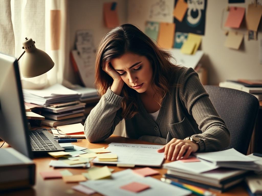 Woman overwhelmed at a cluttered desk with an untouched to-do list