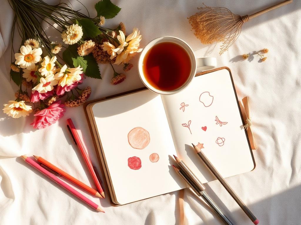 Art EFT journal with coloured pencils and tea