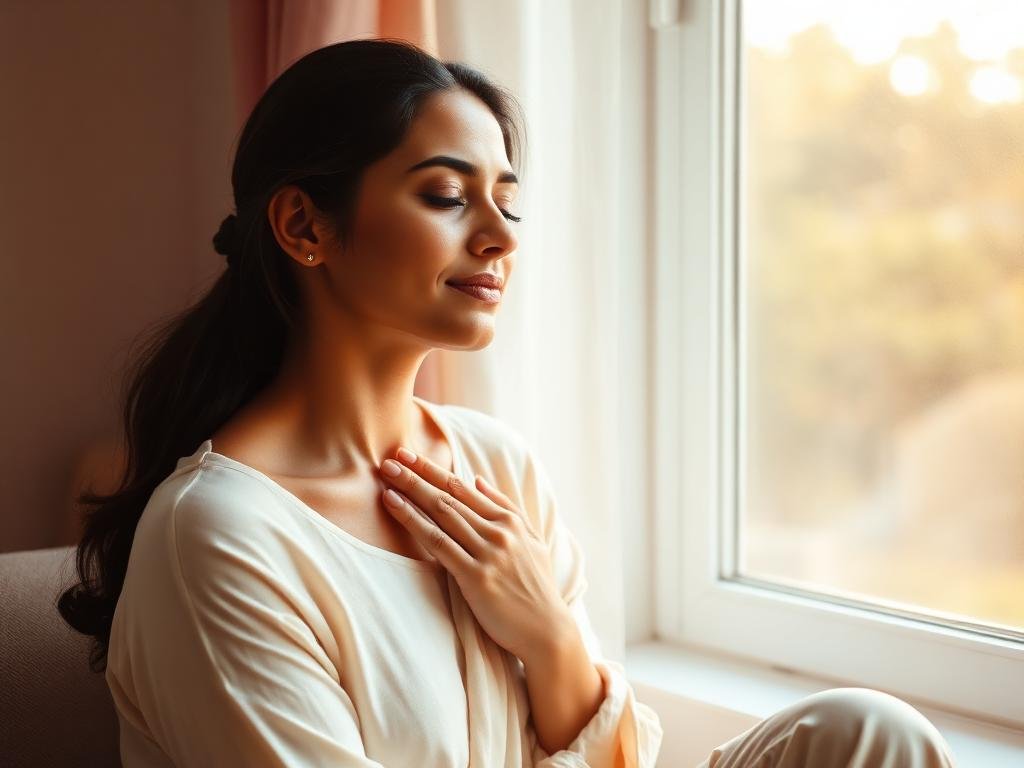 Woman gently tapping her collarbone during an EFT session
